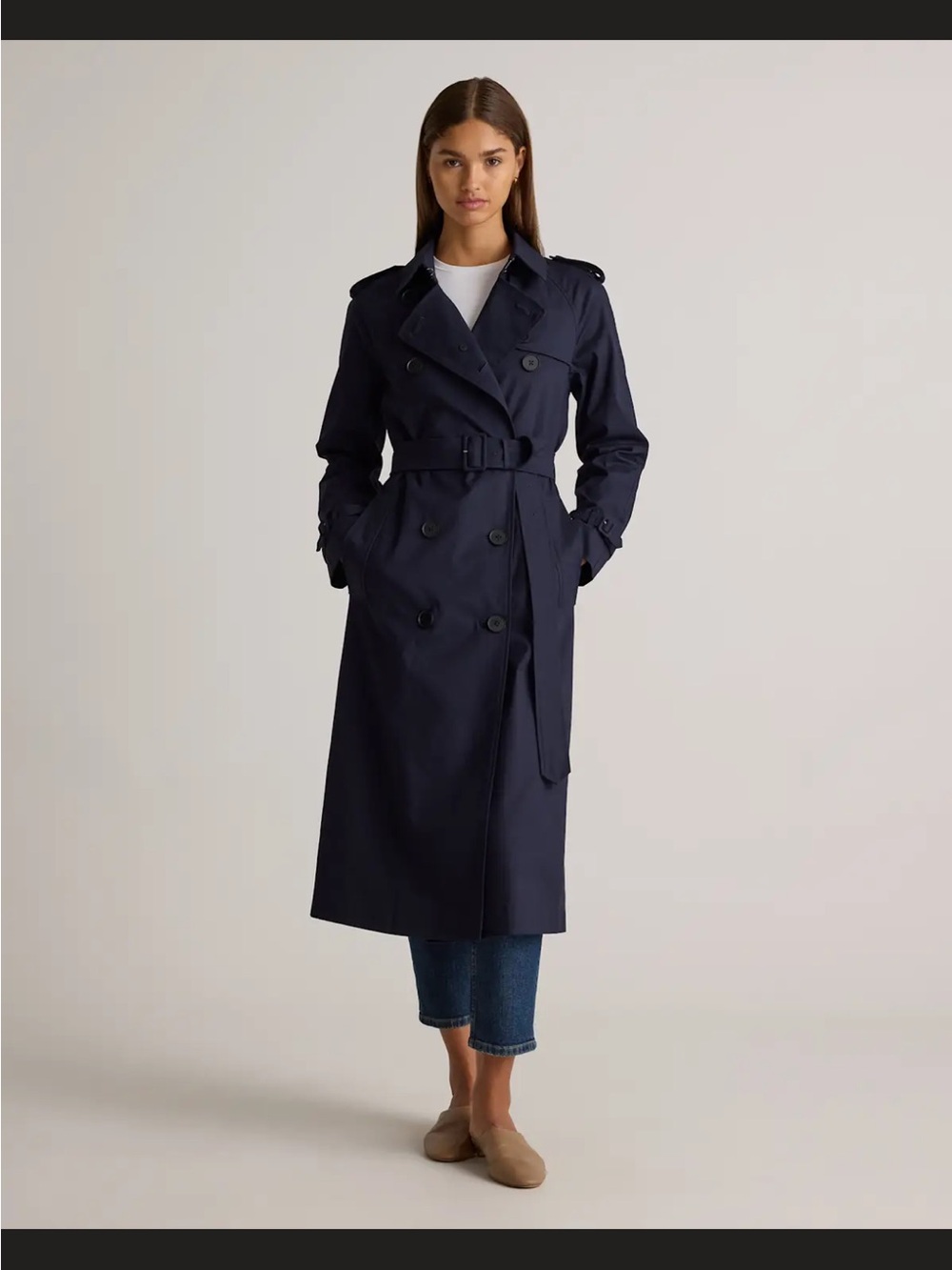 Quince Navy Double-Breasted Belted Trench Coat